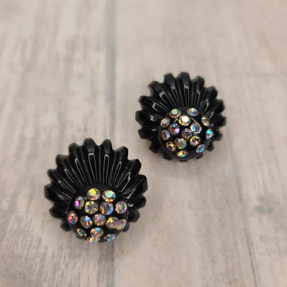Black Lucite Carved Earrings with AB Crystals. Vintage Pinup Retro Goth - Picture 6 of 9